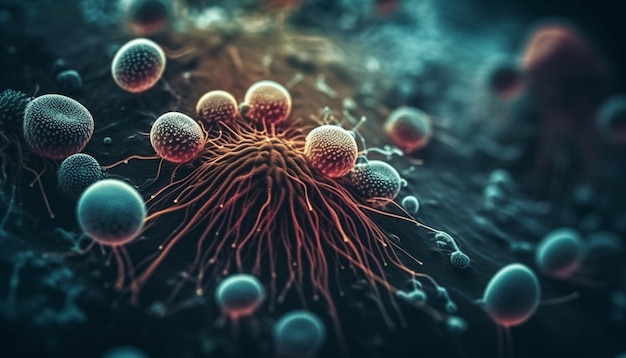 Zbliżenie komórek nowotworowych w skali molekularnej wygenerowane przez sztuczną inteligencję