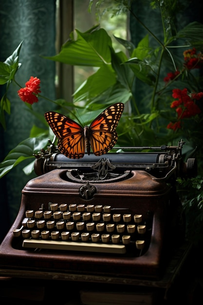 Zbliżenie motyla w pobliżu maszyny do pisania