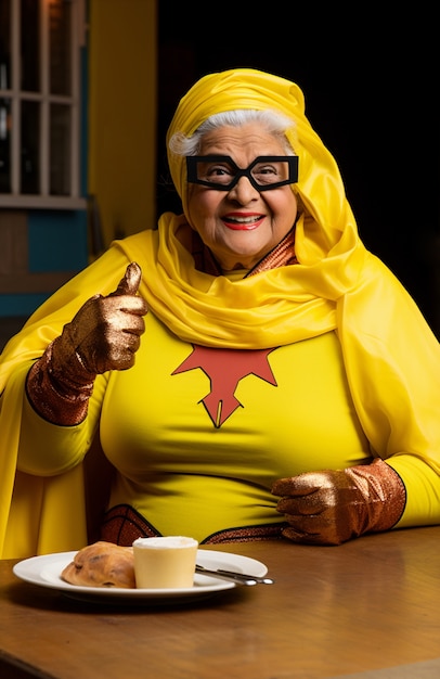 Zbliżenie na babcię superbohatera jedzącą kolację