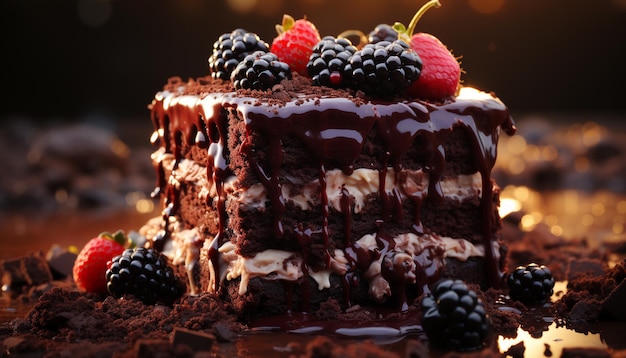 Zbliżenie na domowe ciasto czekoladowo-malinowe wygenerowane przez sztuczną inteligencję