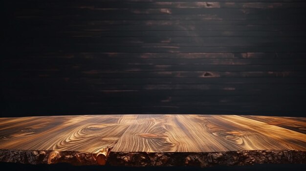 Zbliżenie na górę Drewniany stół w tle ciemnej ściany koncepcja reklamy Generative Ai