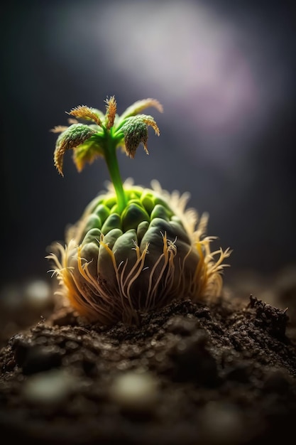 Zbliżenie na kaktusy rosnące w glebie na ciemnym tle