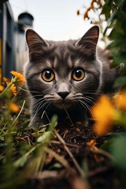 Zbliżenie na kotka w trawie
