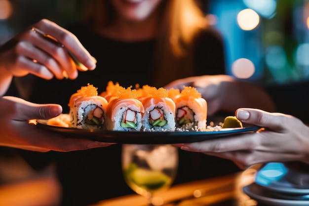 Bezpłatne zdjęcie zbliżenie na ludzi jedzących sushi