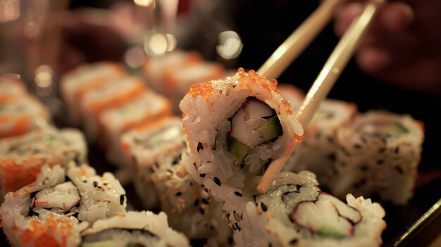 Zbliżenie na ludzi jedzących sushi