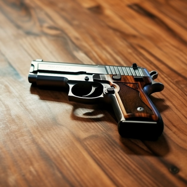 Bezpłatne zdjęcie zbliżenie na pistolet na drewnianym stole