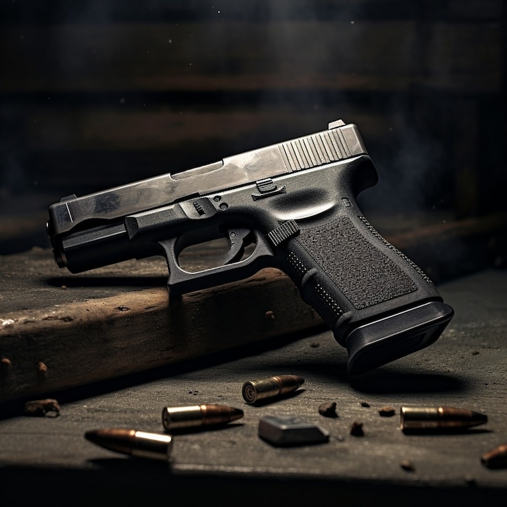Bezpłatny plik Zdjęcie zbliżenie na pistolet na ziemi z kulami