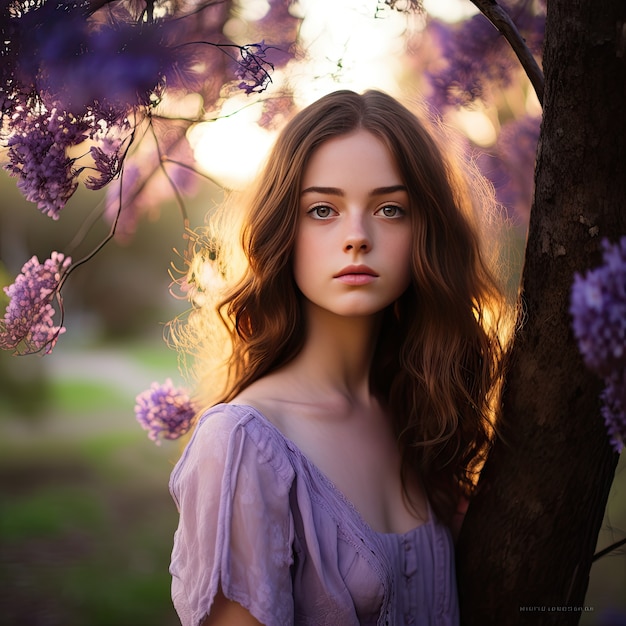 Zbliżenie na portret pięknej dziewczyny w pobliżu drzewa