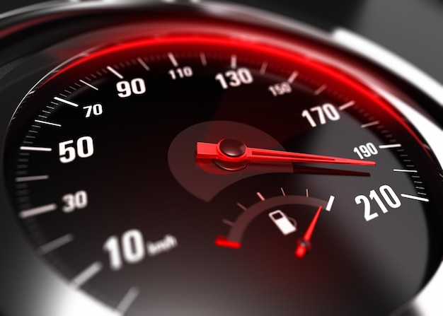 Zbliżenie na prędkościomierz samochodowy z igłą wskazującą dużą prędkość, efekt rozmycia, obraz koncepcyjny dla nadmiernej prędkości lub nieostrożnej koncepcji jazdy