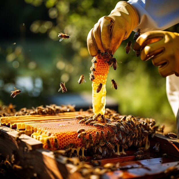 Zbliżenie na pszczelarza zbierającego miód