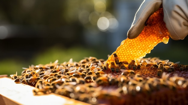 Bezpłatne zdjęcie zbliżenie na pszczelarza zbierającego miód