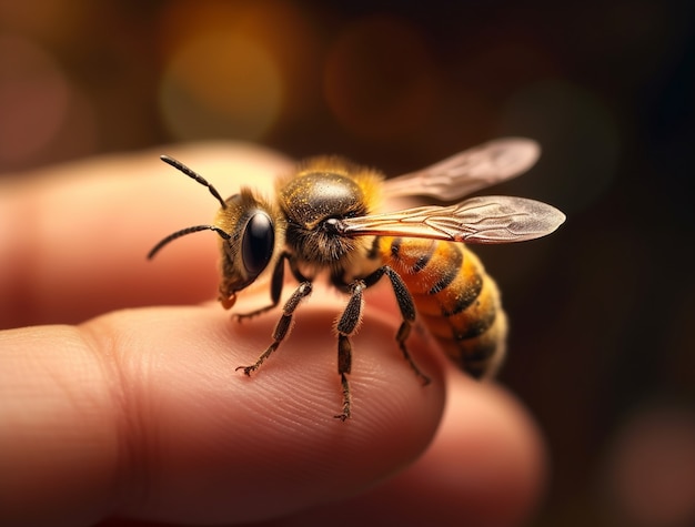 Bezpłatne zdjęcie zbliżenie na pszczołę pod ręką