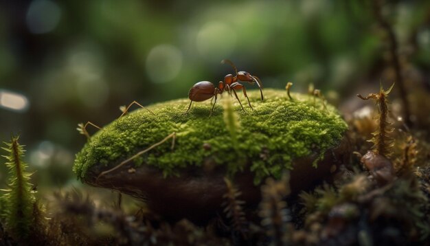Zbliżenie na zieloną mrówkę niosącą jedzenie przez wodę wygenerowaną przez sztuczną inteligencję