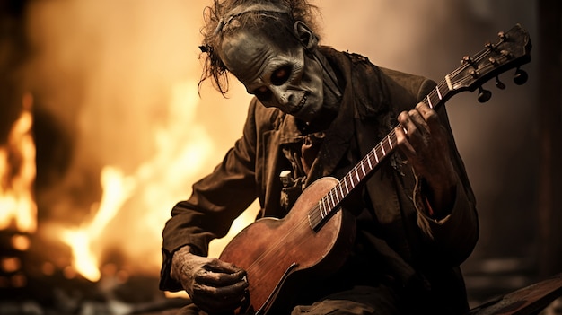 Zbliżenie na zombie grającego na gitarze