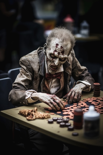 Bezpłatne zdjęcie zbliżenie na zombie grającego w pokera