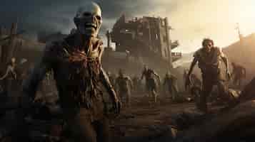 Bezpłatne zdjęcie zbliżenie na zombie spacerujące po zniszczonym mieście