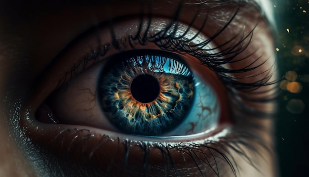 Zbliżenie niebieskiego oka młodej kobiety wpatrującej się w kamerę wygenerowaną przez sztuczną inteligencję
