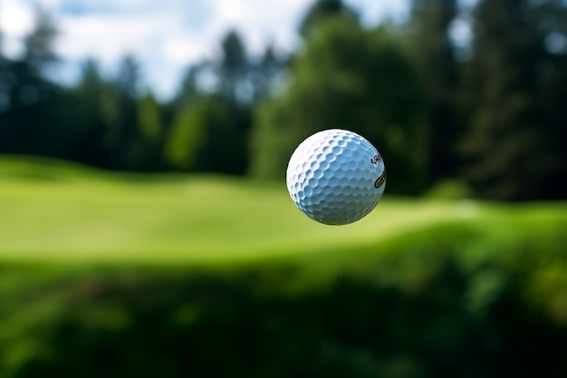 Bezpłatne zdjęcie zbliżenie piłki golfowej w powietrzu