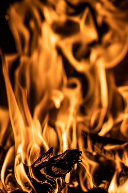 Zbliżenie płomieni ognia z płonącym drewnem opałowym