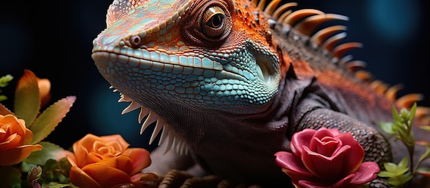 Bezpłatne zdjęcie zbliżenie portret kolorowego kameleona na ciemnym tle