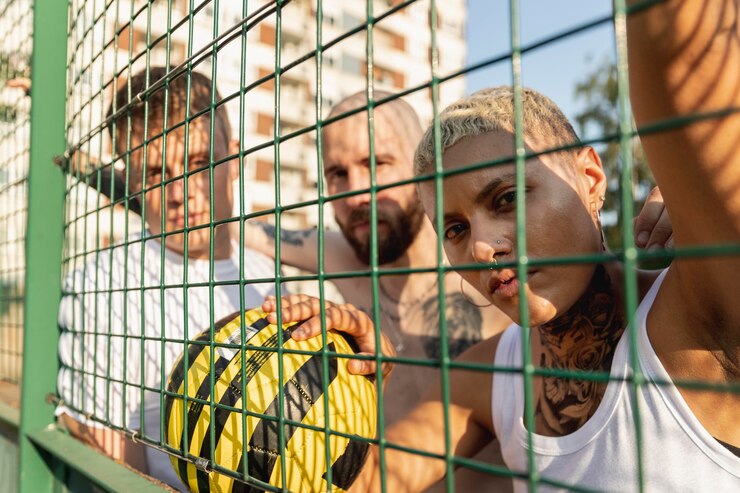 Bezpłatny plik Zdjęcie zbliżenie przyjaciół pozujących za ogrodzeniem