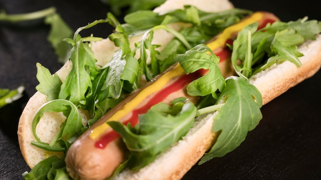 Zbliżenie pyszny hot dog z jadalnymi liśćmi