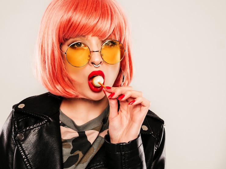 Bezpłatny plik Zdjęcie zbliżenie usta młodej dziewczyny piękne złe hipster w modnej czarnej skórzanej kurtce i kolczyk w nosie. seksowna beztroska uśmiechnięta kobieta pozuje w studiu w różowej peruce. pozytywny model liże wokoło cukierka