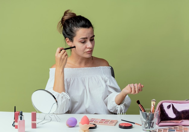 Zdezorientowana piękna dziewczyna siedzi przy stole z narzędziami do makijażu, trzyma eyeliner i patrzy na cień do powiek na zielonej ścianie