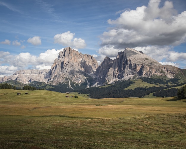 Zdjęcie krajobrazowe góry Plattkofel i szerokiego pastwiska w Compatsch we Włoszech