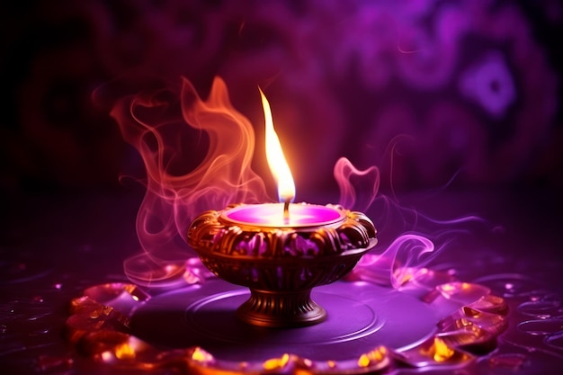 Zdjęcie realistycznej indyjskiej świecy z dymem na fioletowym tle