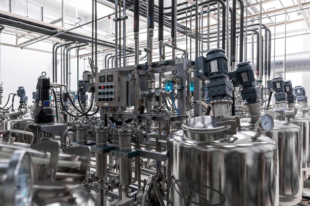 Zdjęcie szarych rur i zbiorników Produkcja chemii i leków Fabryka farmaceutyczna Wnętrze fabryki high-tech nowoczesna produkcja