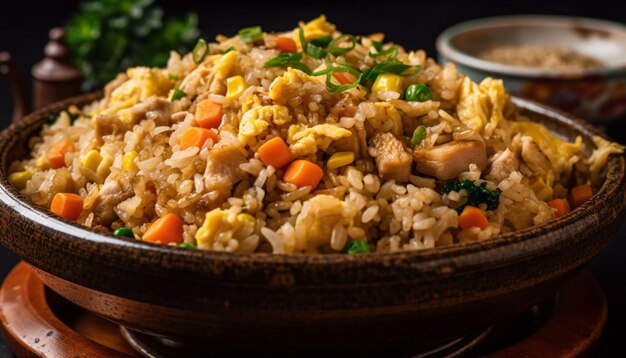 Zdrowa miska ryżu ze świeżymi warzywami i ziołami wygenerowana przez sztuczną inteligencję