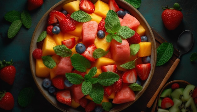 Bezpłatne zdjęcie zdrowa sałatka owocowa z miętą i jagodami wygenerowana przez ai