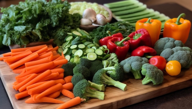 Zdrowa wegańska sałatka ze świeżych warzyw na drewnianym stole generowana przez AI