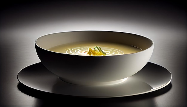 Bezpłatne zdjęcie zdrowa zupa jarzynowa w eleganckiej czarnej misce wygenerowana przez ai