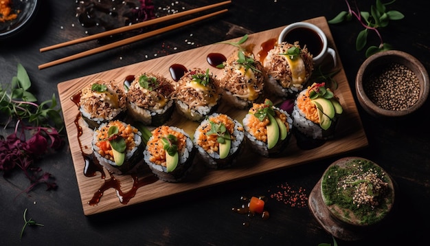 Bezpłatne zdjęcie zdrowe jedzenie z pałeczkami sushi, wodorostami i świeżymi warzywami generowanymi przez sztuczną inteligencję