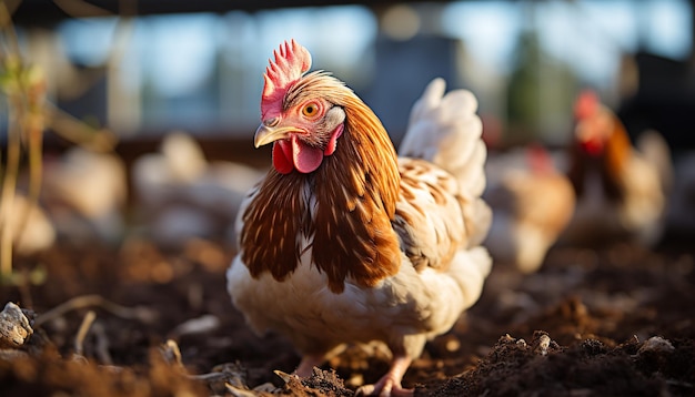 Bezpłatne zdjęcie zdrowy organiczny kurczak stojący na zielonej łące wygenerowanej przez sztuczną inteligencję