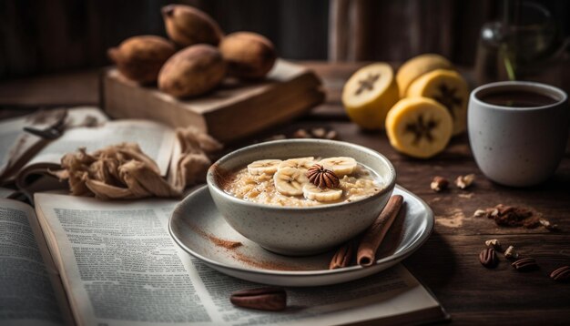 Zdrowy posiłek na rustykalnym stole z generatywną sztuczną inteligencją muesli dla smakoszy