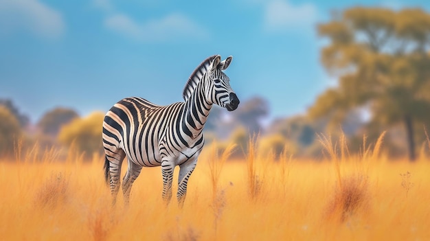 Zebra stojąca w żółtej trawie Obraz generowany przez sztuczną inteligencję