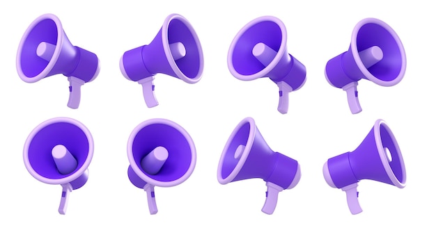 Bezpłatne zdjęcie zestaw ilustracji 3d fioletowych megafonów