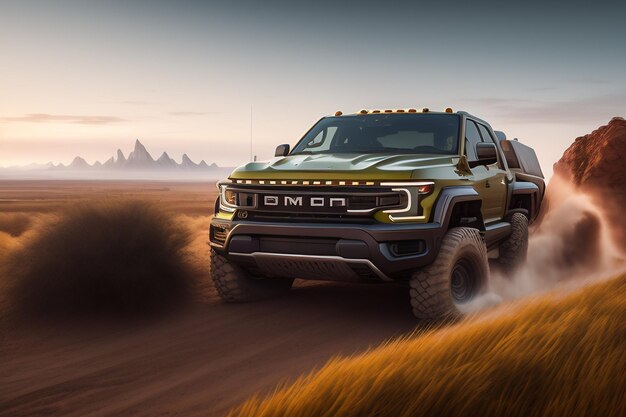 Zielona ciężarówka typu jeep jedzie przez pustynny krajobraz.