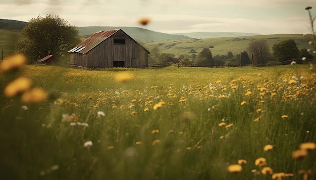 Zielona łąka żółte kwiaty spokojna rustykalna scena generowana przez AI