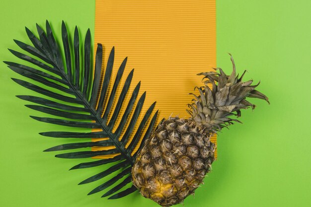 Zielona powierzchnia z pustym papierem i ananasem