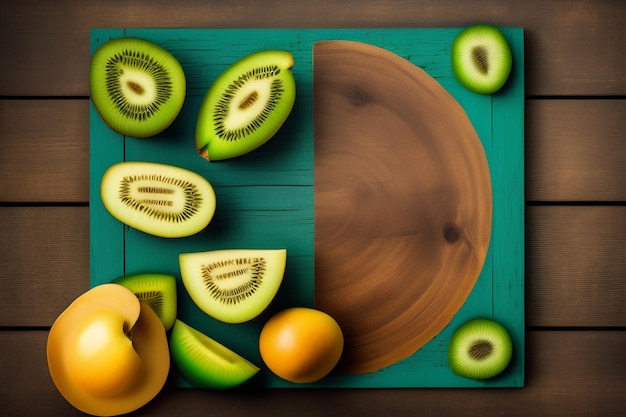 Bezpłatne zdjęcie zielona tablica z owocem i talerzem z pokrojonym kiwi i plasterkiem kiwi