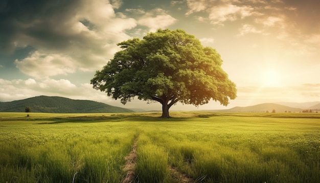 Zielone drzewo łąkowe i piękno zachodu słońca wygenerowane przez sztuczną inteligencję
