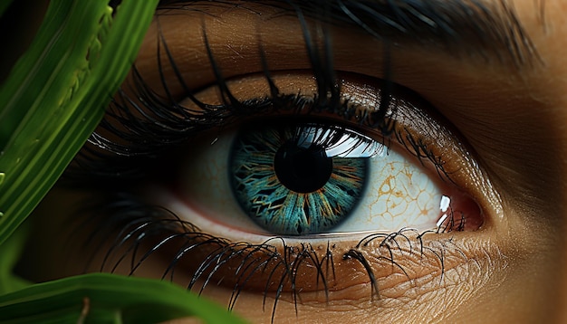 Bezpłatne zdjęcie zielone oczy młodej kobiety odzwierciedlają piękno natury generowane przez sztuczną inteligencję