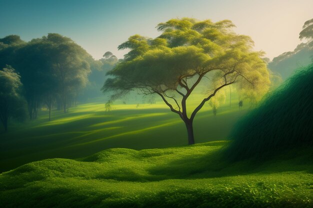 Zielony krajobraz z drzewem pośrodku obrazu.