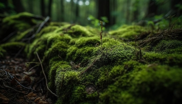 Zielony las rosnący na mokro pozostawia spokojną scenę generowaną przez sztuczną inteligencję