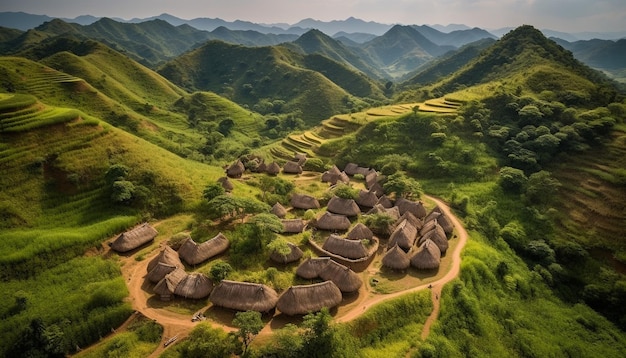 Zielony ryż niełuskany wzrost pól tarasowych górski krajobraz panoramiczny widok generowany przez AI