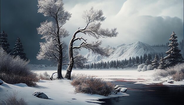 Zimowe piękno odzwierciedlone w spokojnym, pokrytym śniegiem krajobrazie generatywnym AI
